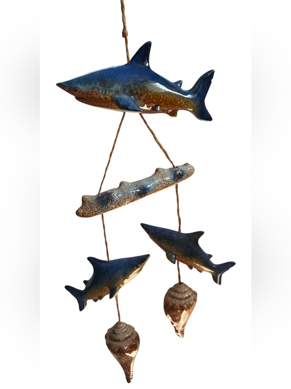 GLAZED CERAMIC SHARK WIND CHIME SEASHELL NAUTICAL DECOR